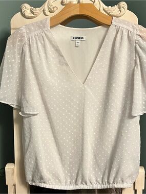 Express White Swiss Dot V-Neck Flutter Sleeve Top